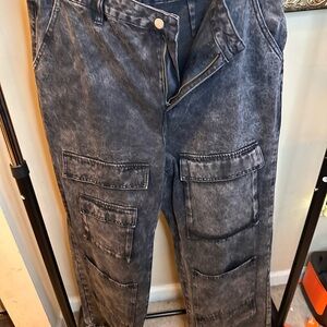 Fashion Nova Black Acid Wash Cargo Jeans